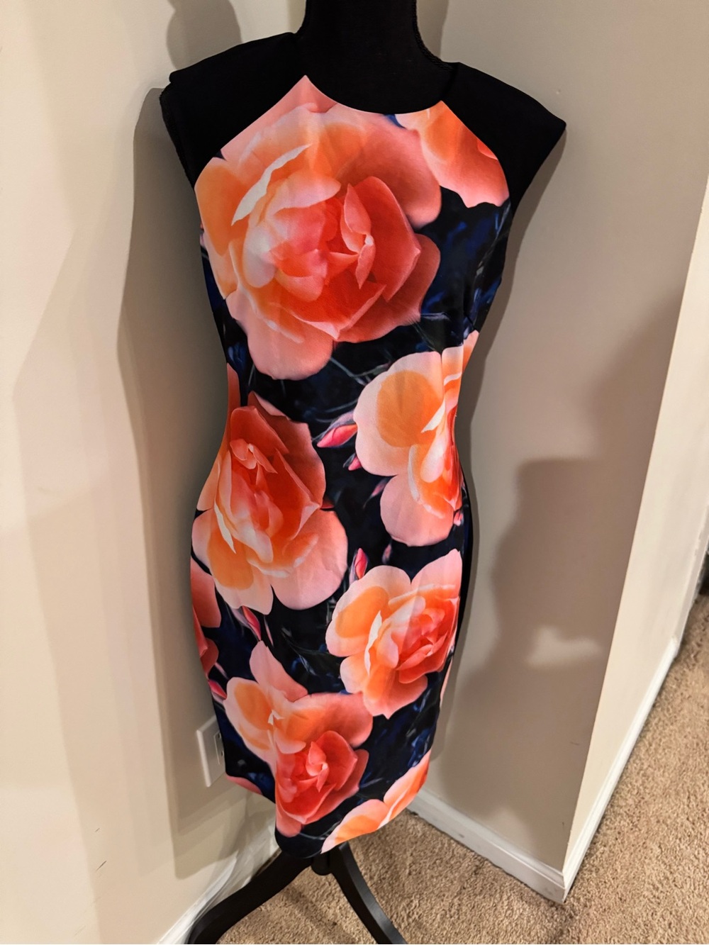 Calvin Klein Black Midi Sheath Dress with Peach-Orange Floral Print - Picture 3 of 4